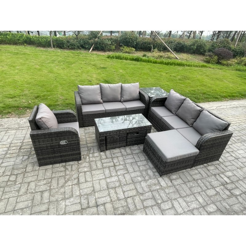 Fimous 10 Seater Outdoor Lounge Sofa Set Rattan Garden Furniture Set with Rectangular Coffee Table 3 Footstools 3 Seater Sofa Side Table Dark Grey Mixed
