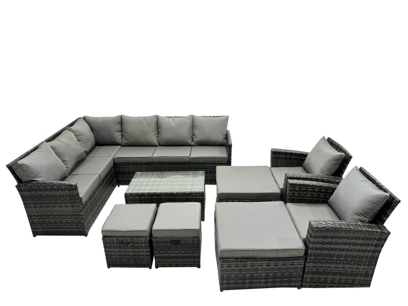 Fimous 12 Seat Poly Rattan Outdoor Patio Coffee Table Corner Sofa Sets with 4 Stools 2 Chairs for Garden Backyard Dark Grey Mixed