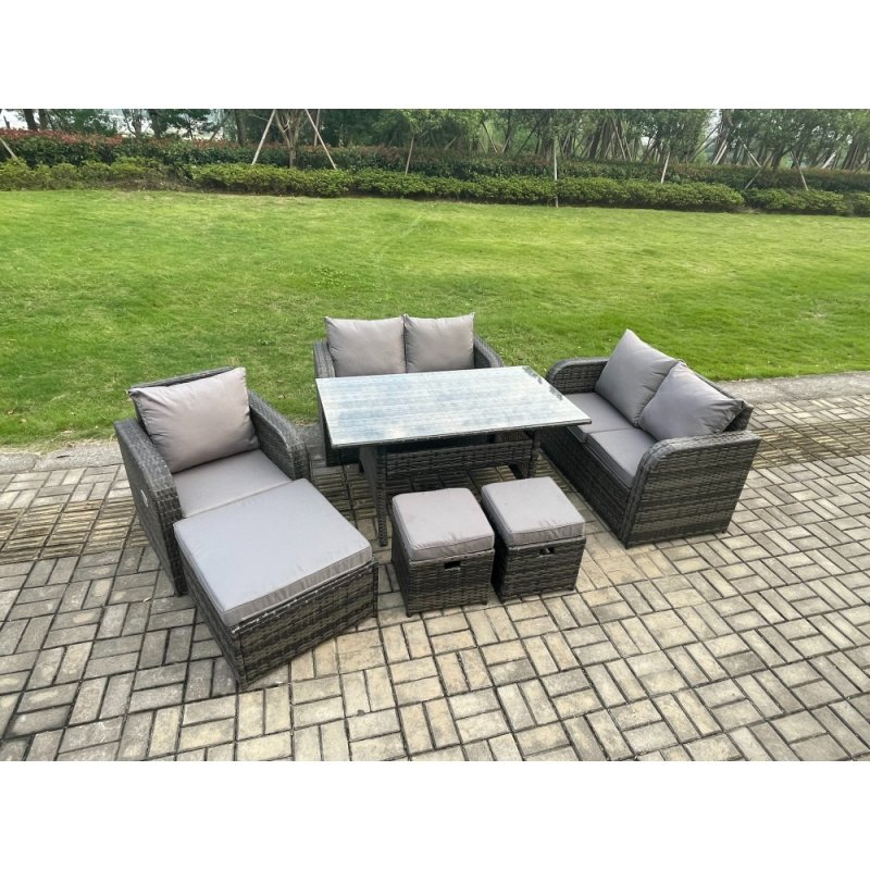 Fimous 8 Seater Lounge Rattan Sofa Set Outdoor Garden Furniture Oblong Rectangular Dining Table With Chairs 3 Footstools Dark Grey Mixed