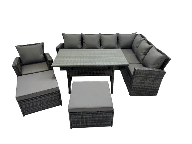 Fimous Rattan Garden Furniture Set Outdoor 9 Seater Patio Dining Corner Sofa Sets with Dining Table Chair Dark Grey Mixed