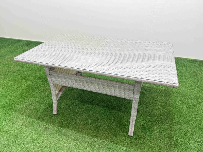 Fimous 7 Seater Outdoor Love Sofa Set Rattan Garden Furniture Set with Rectangular Dining Table 3 Footstool Side Table Light Grey