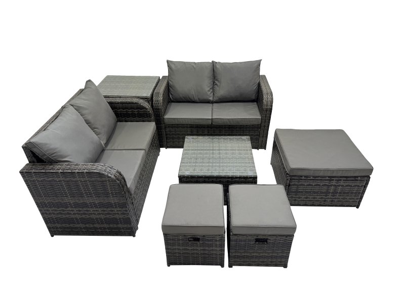 Fimous Rattan Garden Outdoor Furniture Set Love Sofa Square Coffee Table Set with Side Table 3 Stools Dark Grey Mixed