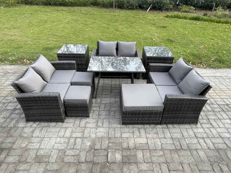 Fimous Outdoor Lounge Sofa Set Wicker PE Rattan Garden Furniture Set with Rectangular Dining Table 2 Seat Sofa 3 Footstools 2 Side Tables Dark Grey Mixed