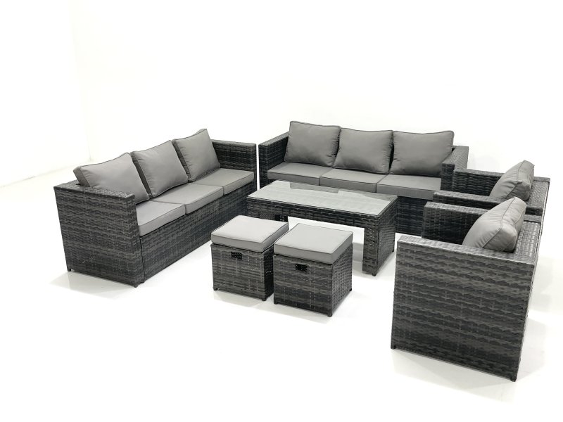 Fimous Rattan Garden Furniture Sofa Set with Coffee table Armchair 2 Small Footstools Dark Grey Mixed