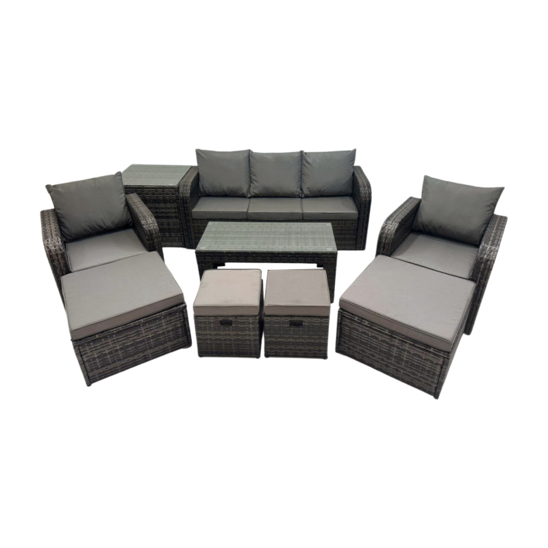 Fimous Rattan Garden Outdoor Furniture Set 3 Seater Sofa Reclining Chair Coffee Table with Side Table 4 Footstools Dark Grey Mixed