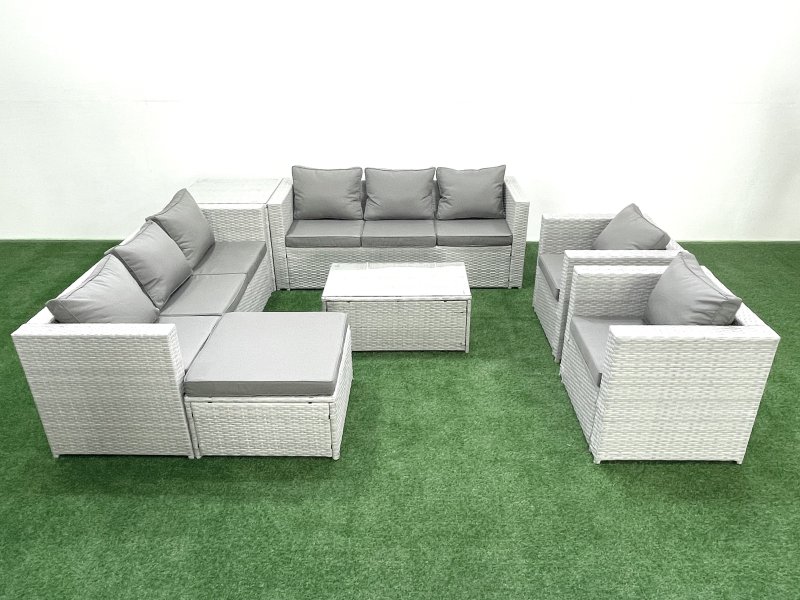 Fimous Outdoor Rattan Sofa Garden Furniture Set with 2 Armchairs Oblong Coffee Table Big Footstool Side Table Light Grey Mixed
