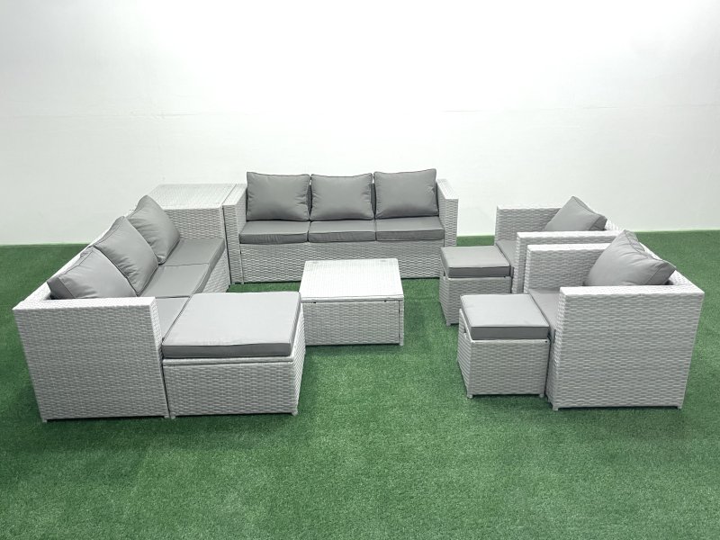 Fimous Outdoor Rattan Sofa Garden Furniture Set with 2 Armchairs Square Coffee Table 3 Footstools Side Table Light Grey Mixed