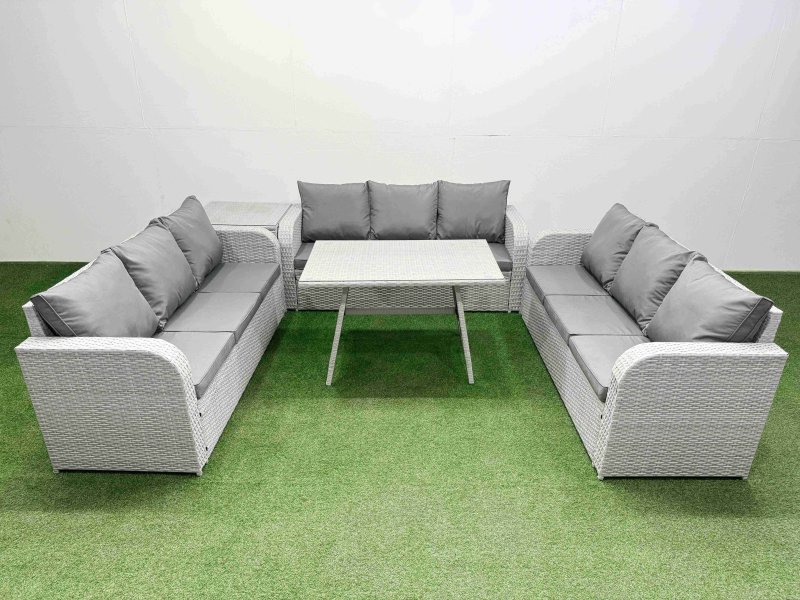 Fimous 9 Seat Outdoor PE Rattan Garden Furniture with Cushions 3 Seater Sofa Side Table Light Grey