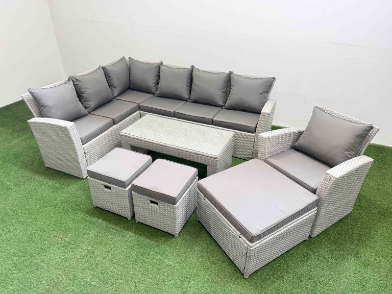 Fimous Rattan Garden Furniture Set Outdoor 10 Seater Corner Sofa Sets with Oblong Coffee Table Chair 3 Footstools Light Grey Mixed