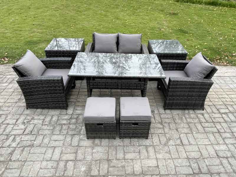 Fimous 6 Seater PE Wicker Outdoor Garden Furniture Set Patio Furniture Rattan Rectangular Dining Table Lounge Sofa with 2 Small Footstools 2 Side Tables