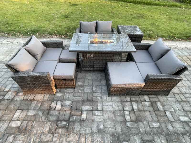 Fimous High Back Rattan Garden Furniture Sofa Sets with Outdoor Furniture Gas Firepit Dining Table Set 3 Footstools Side Table Dark Grey Mixed