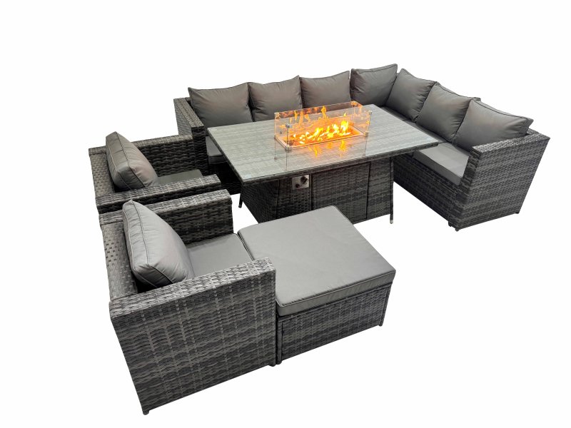 Fimous Garden Rattan Furniture Set 9 Seater Outdoor Corner Sofa 2 Chair Gas Firepit Dining Table Set with Big Stool Dark Grey