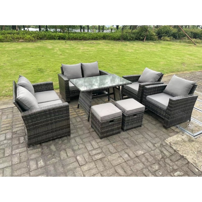 Fimous 8 Seater Outdoor Dark Grey Mixed High Back Rattan Sofa Dining Table Set Garden Furniture Love Sofa Chair 2Stools