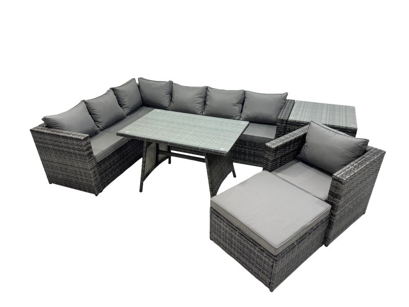 Fimous 8-seater Outdoor PE Rattan Sofa Set with Dining Table Patio Garden Furniture Sets with Chair Big Stool Side Table Dark Grey Mixed