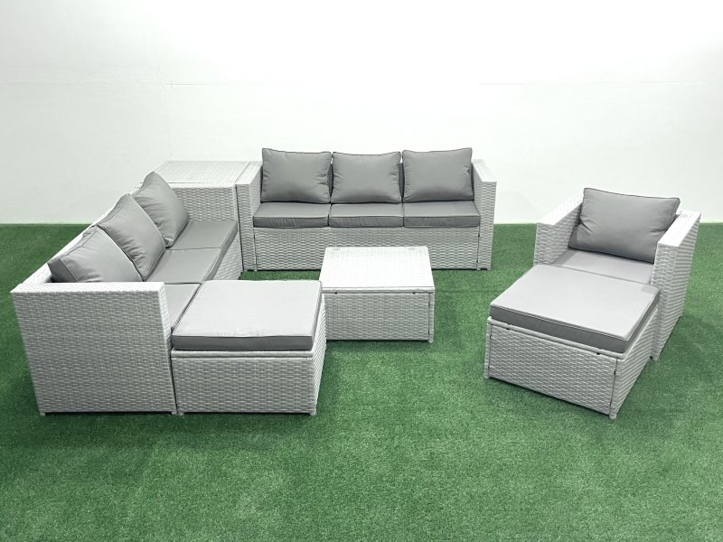 Fimous Wicker PE Rattan Sofa Garden Furniture Set with Armchair Square Coffee Table 2 Big Footstools Side Table Light Grey Mixed