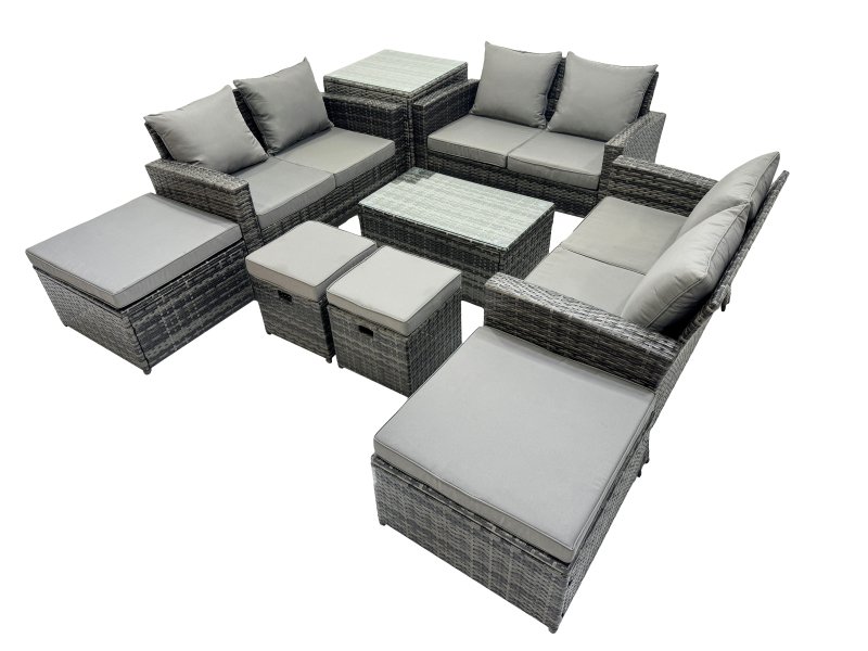 Fimous PE Rattan Garden Furniture Set Lounge Double Seat Sofa Coffee Table Set with Side Table 4 Stools Dark Grey MixedMixed