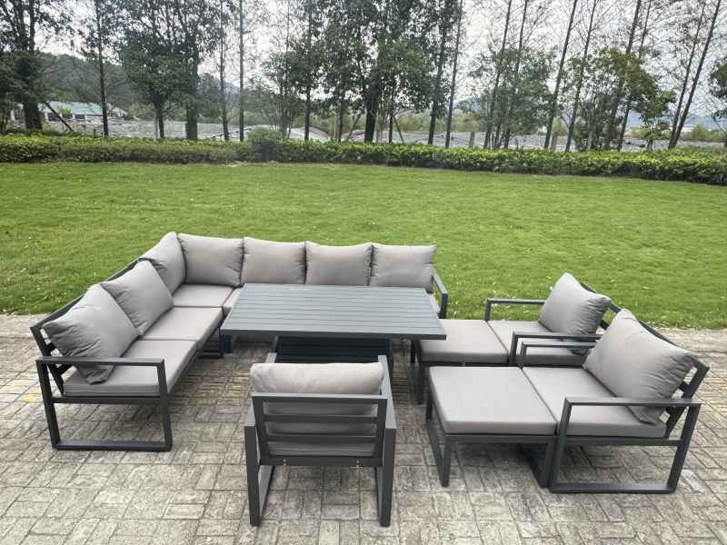Fimous Aluminium Garden Furniture Sets,10 Seater Outdoor Conversational Dining Set with Adjustable Rising Lifting Dining Table,2 Big Footstools Dark Grey