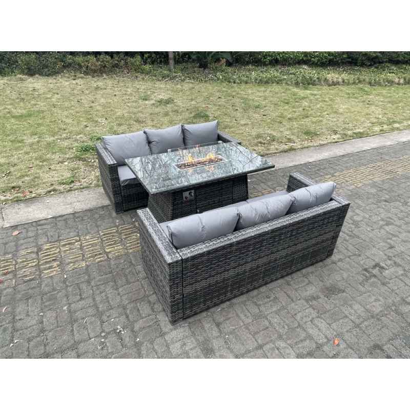 Fimous 6 Seater Outdoor PE Rattan Garden Furniture Gas Fire Pit Dining Table Set Lounge Sofa Three Seater Sofa Dark Grey Mixed Patio