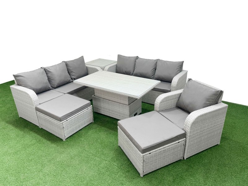 Fimous 9 Seater Poly Rattan Outdoor Garden Furniture Adjustable Lifting Dining or Coffee Table Sofa Set Patio 3 Seater Sofa Reclining Chair 3 Seater Sofa 2 Big Footstools Side Table Light Grey