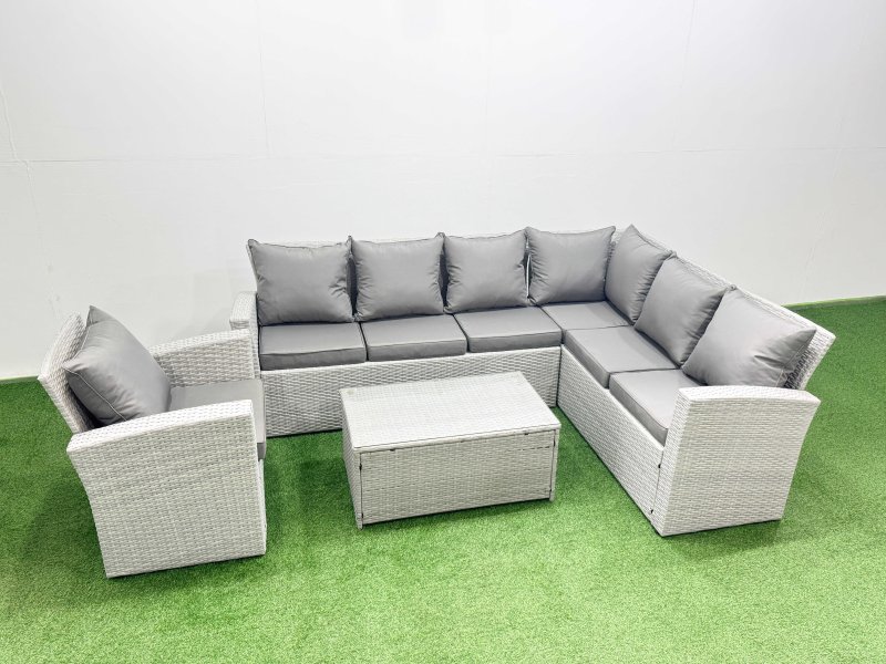 Fimous Garden Outdoor PE Rattan Furniture Set 7 Seater Rattan Garden Sofa Set with Big Footstool Light Grey Mixed