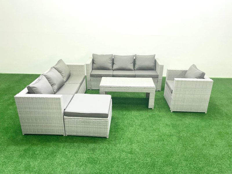 Fimous Wicker PE Rattan Sofa Garden Furniture Set with Oblong Coffee Table Armchair Big Footstool Light Grey Mixed