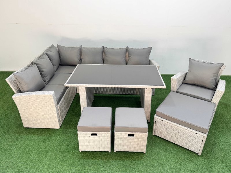 Fimous 10 Seater Wicker Rattan Corner Sofa Sets Outdoor Garden Furniture Sets with Rectangular Dining Table Lounge Sofa 3 Footstools Armchair Light Grey
