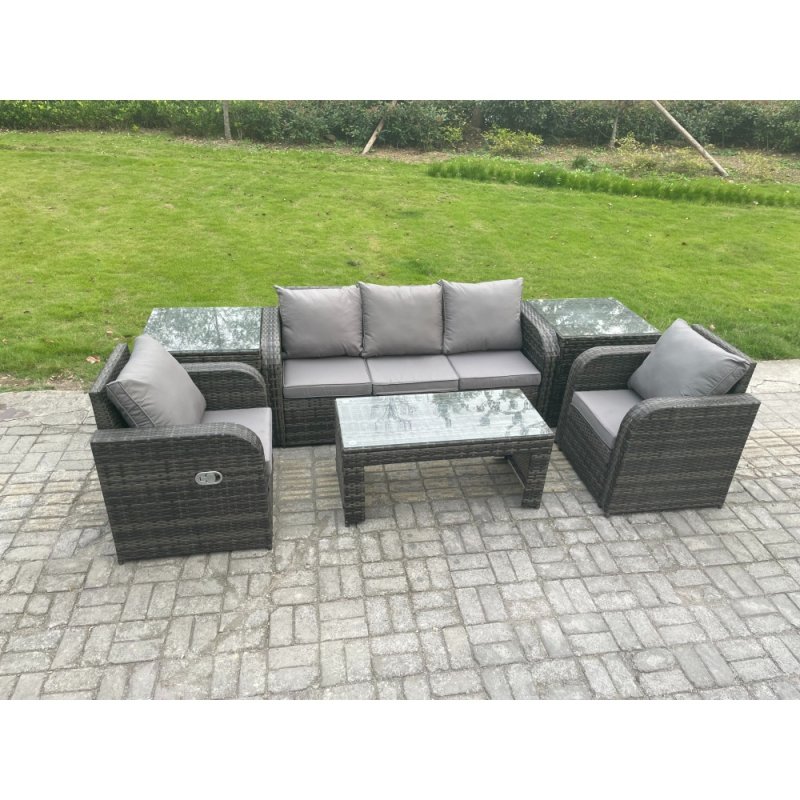 Fimous Wicker PE Rattan Garden Furniture Set Outdoor Lounge Sofa Set with Reclining Chair Coffee Table 2 Side Tables Dark Grey Mixed