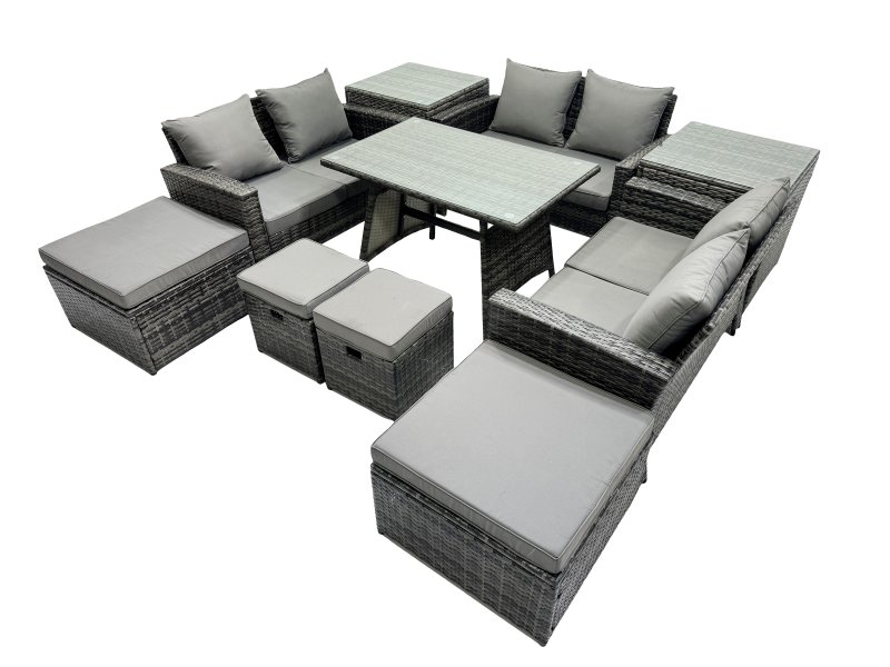 Fimous 10 Seater Wicker PE Rattan Furniture Outdoor Dining Table Double Seat Sofa 4 Stools 2 Side Table Set Dark Grey Mixed