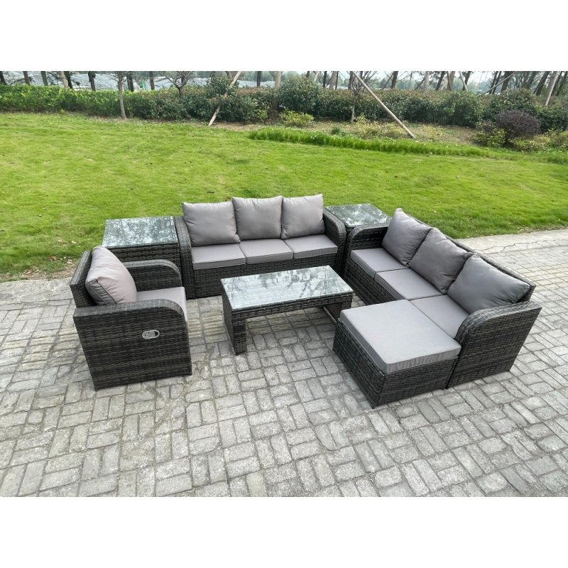 Fimous 8 Seater Outdoor Lounge Sofa Set Rattan Garden Furniture Set with Rectangular Coffee Table Big Footstool 3 Seater Sofa 2 Side Tables Dark Grey Mixed