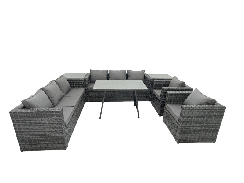 Fimous Rattan Dining Table Sofa Set with Armchair 2 Side Tables Outdoor 8 Seat Garden Furniture Set Dark Grey Mixed