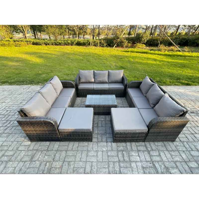 Fimous Wicker PE Rattan Garden Furniture Set 11 Seater Outdoor Lounge Sofa Set with Coffee Table 2 Big Footstool Dark Grey Mixed