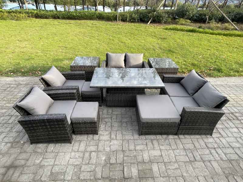 Fimous Outdoor Garden Furniture Sets 10 Pieces Wicker Rattan Furniture Sofa Dining Table Set with 3 Footstools 2 Side Tables Dark Grey Mixed