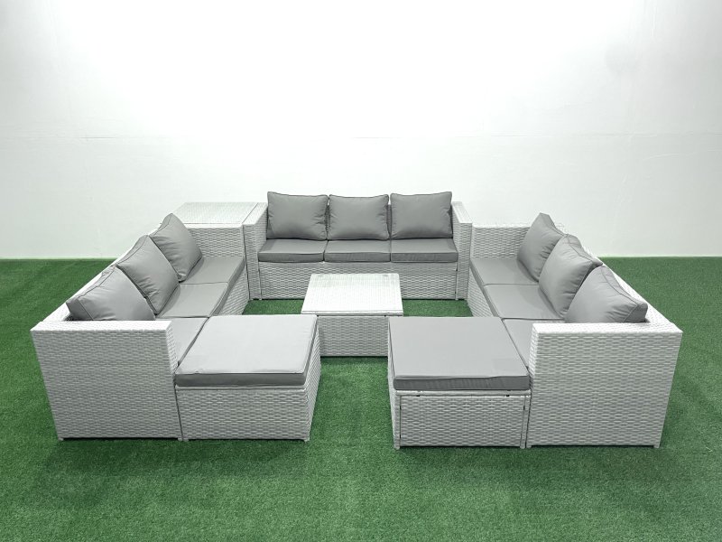 Fimous Rattan Garden Outdoor Furniture Set 11 Seater Rattan Garden Sofa Set with 2 Big Footstools Side Table Light Grey Mixed