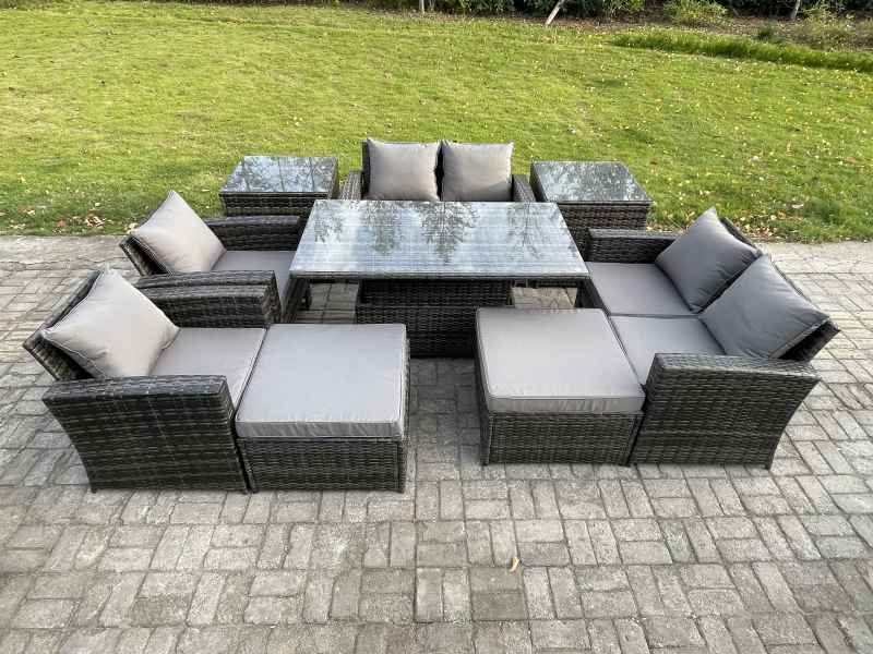 Fimous Outdoor Garden Furniture Sets 9 Pieces Wicker Rattan Furniture Sofa Dining Table Set with 2 Big Footstool 2 Side Tables Dark Grey Mixed