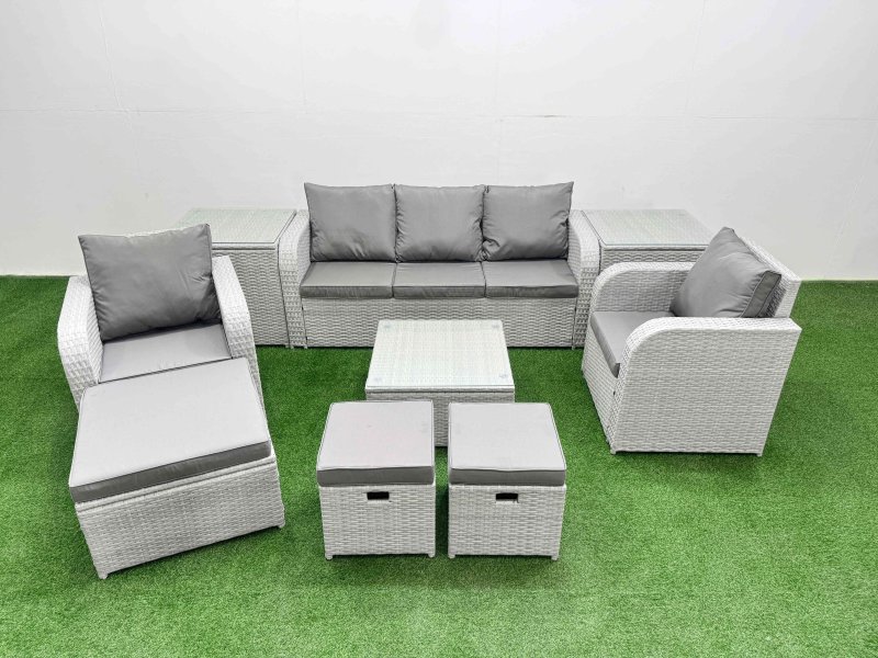 Fimous PE Rattan Garden Furniture Set Reclining Chair Sofa Lounge Sofa Set Square Coffee Table 2 Side Table 3 Stools Light Grey