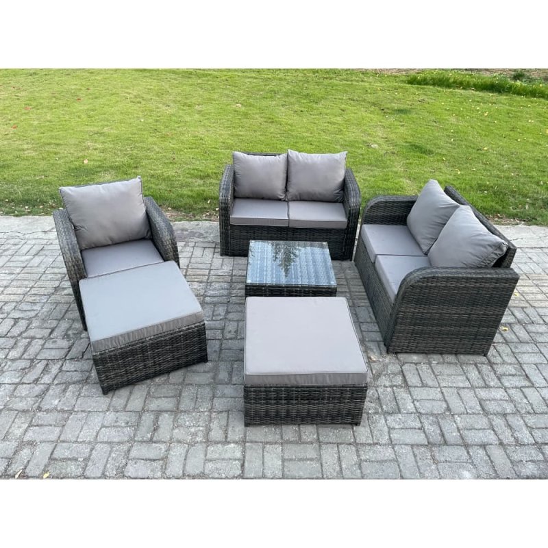 Fimous 7 Seater High Back Rattan Garden Furniture Set with Square Coffee Table 2 Big Footstool Love Sofa Indoor Outdoor Patio Lounge Sofa Set Dark Grey Mixed