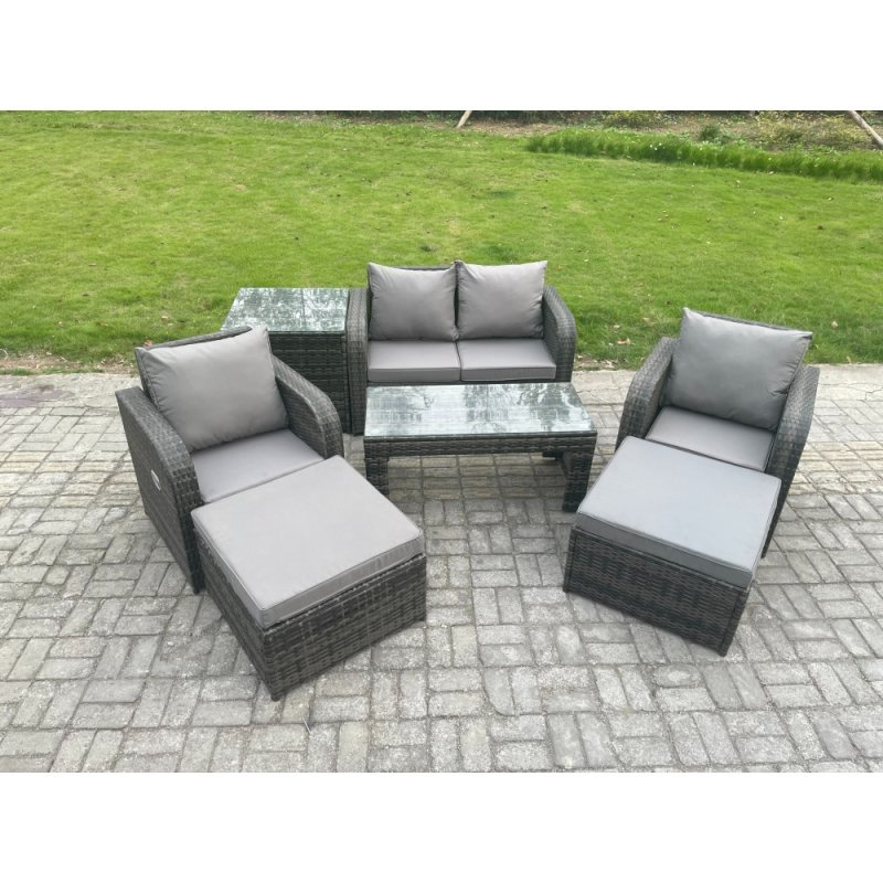 Fimous Outdoor Lounge Sofa Set Wicker PE Rattan Garden Furniture Set with Reclining Chair Coffee Table Side Table 2 Big Footstool Dark Grey Mixed