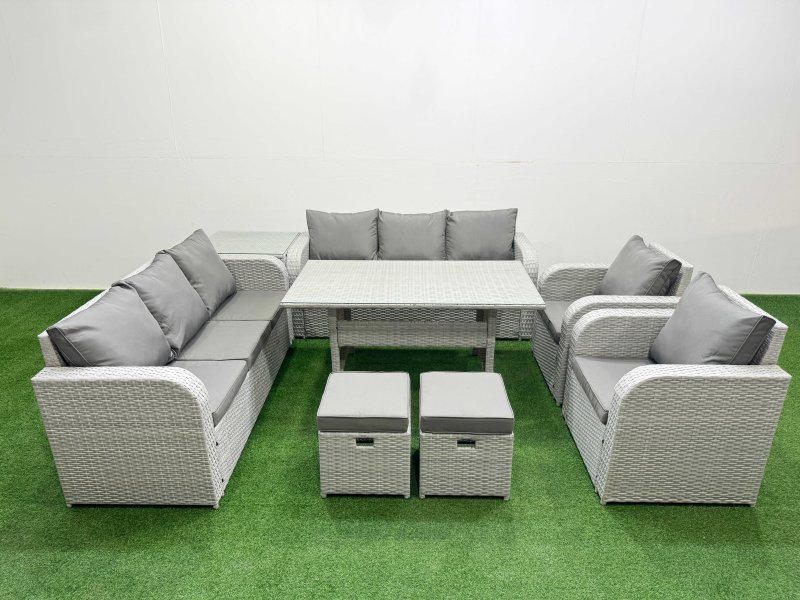 Fimous PE Rattan High Back Lounge Sofa Set Patio Rectangular Dining Table & Chairs Set with 3 Seater Sofa Reclining Chair Stools Side Table Light Grey