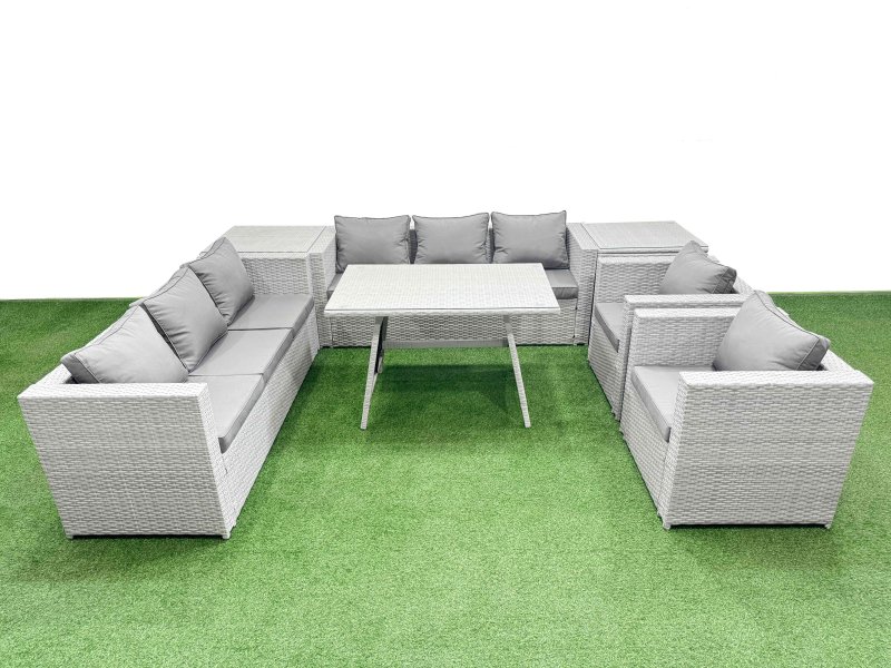 Fimous 8 Seater Garden Furniture Set PE Ratten Garden Sofa Set with Rectangular Dining Table 2 Side Tables Light Grey