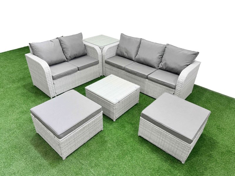 Fimous 7 Seater PE Rattan Wicker Garden Furniture Patio Conservatory Sofa Set with Square Coffee Table 3 Seater Sofa Love Sofa 2 Big Footstool Side Table