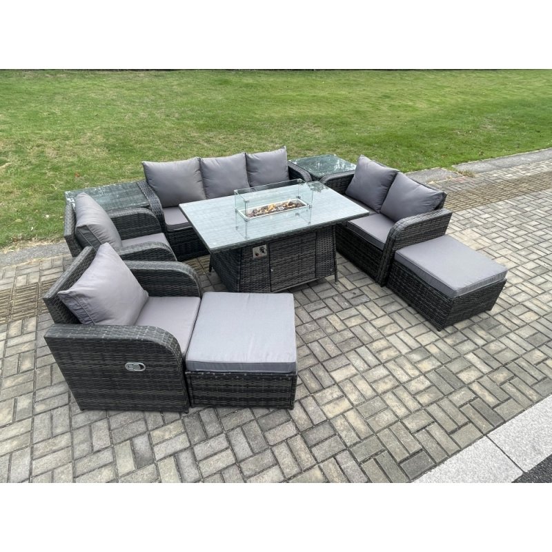 Fimous PE Wicker Outdoor Rattan Garden Furniture Set Propane Gas Fire Pit Table and Sofa Chair set with 2 Side Tables 2 Big Footstool