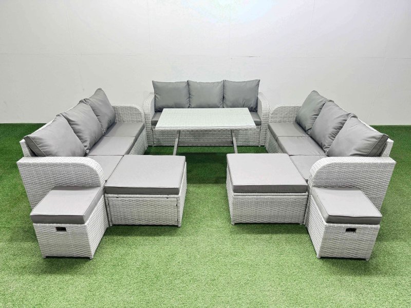 Fimous Patio Garden Furniture Sets with Dining Table 3 Seater Sofa 4 Stool Light Grey