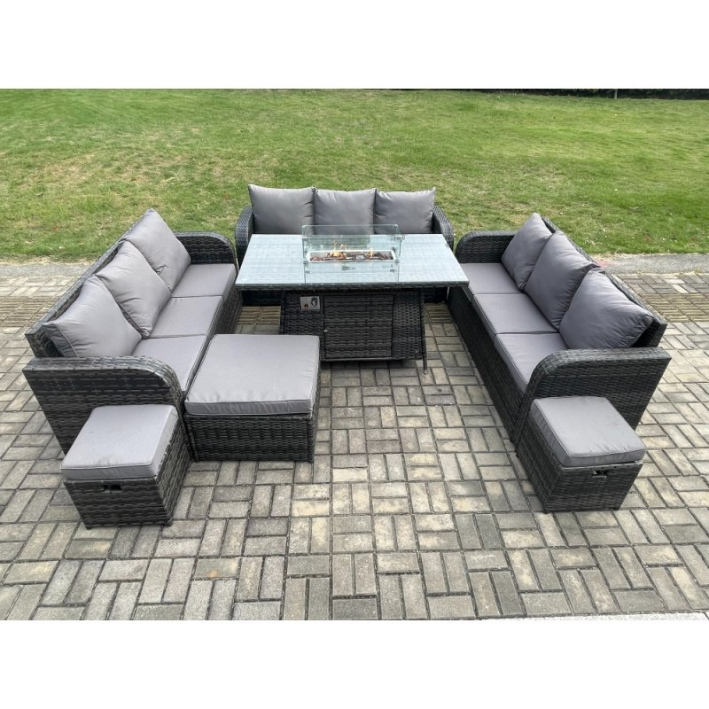 Fimous Outdoor Rattan Furniture Garden Dining Set Gas Fire Pit Table With Lounge Sofa 3 Footstool