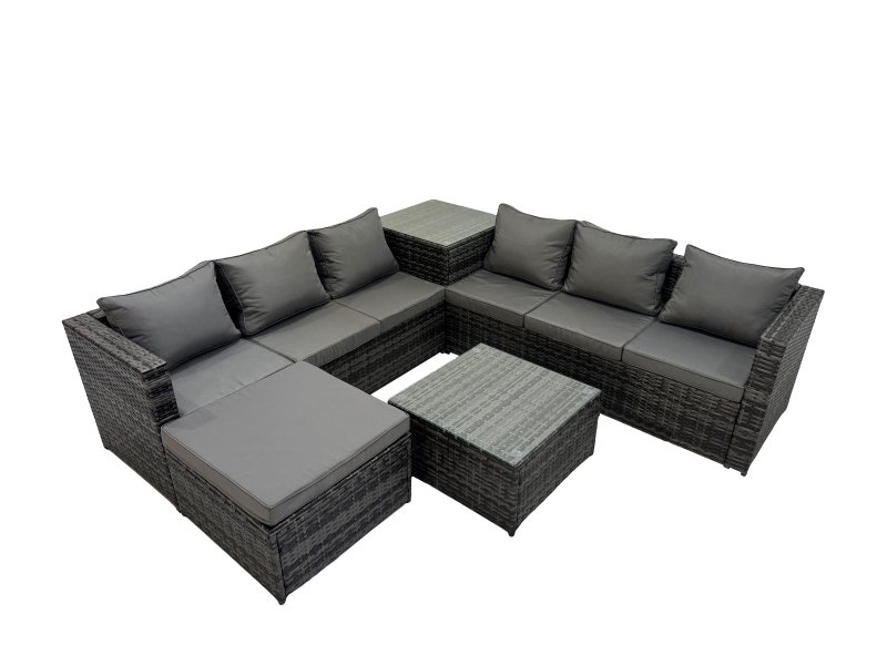 Fimous 7 Seater Garden Outdoor Rattan Furniture Set Patio Corner Sofa Coffee Table with Big Stool Dark Grey