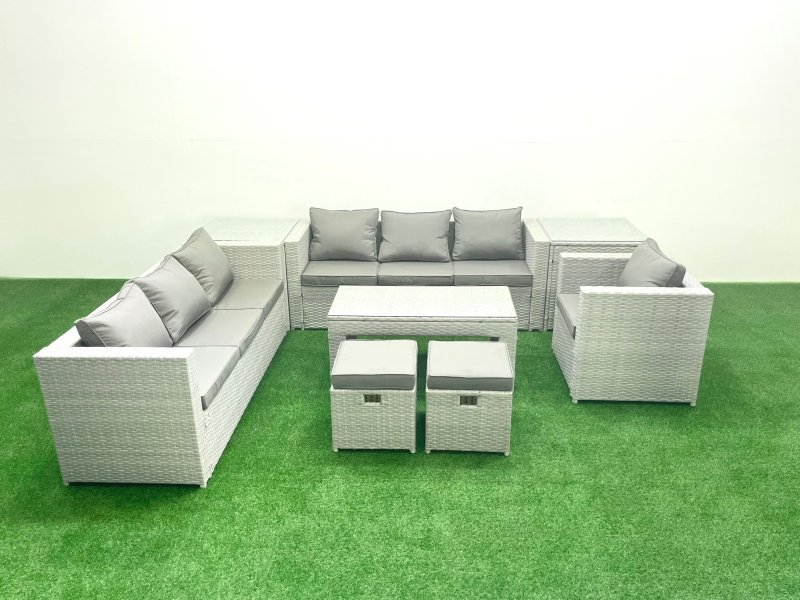 Fimous Wicker PE Rattan Sofa Garden Furniture Set with Oblong Coffee Table Armchair 2 Small Footstools 2 Side Tables Light Grey Mixed