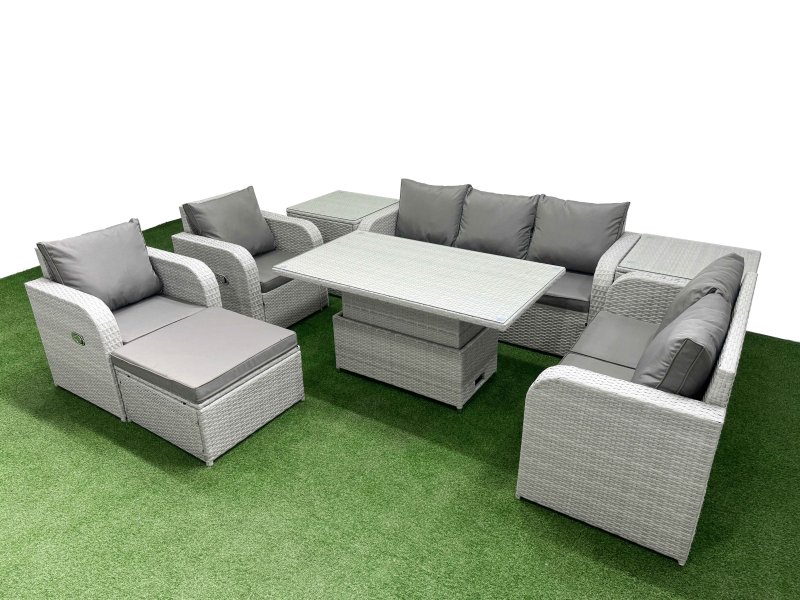 Fimous PE Rattan Garden Furniture Set Reclining Chair Sofa Double Love Seat 2 Seater Sofa Lounge Set Adjustable Lifting Dining or Coffee Table Big Footstool 2 Side Table Light Grey