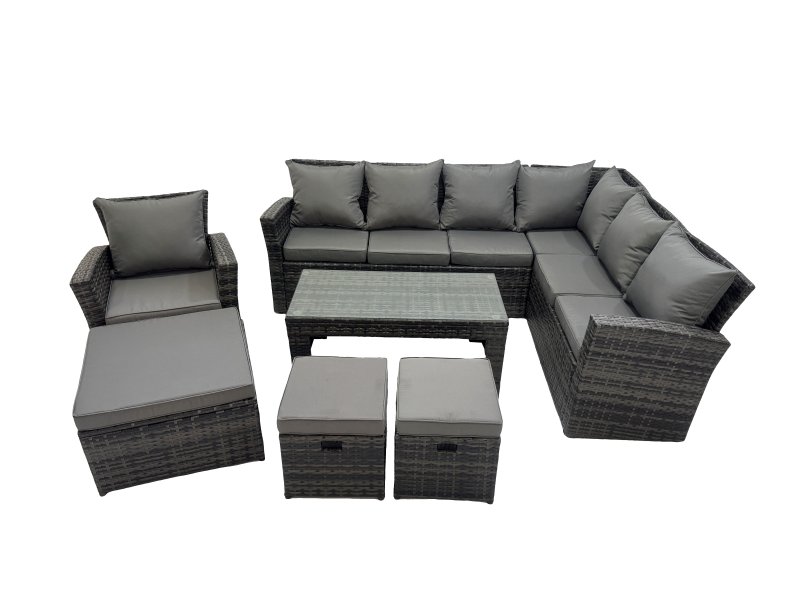 Fimous Rattan Garden Furniture Set 7 Pieces Outdoor Garden Sofa Oblong Coffee Table Set with Chair 3 Footstools Dark Grey Mixed