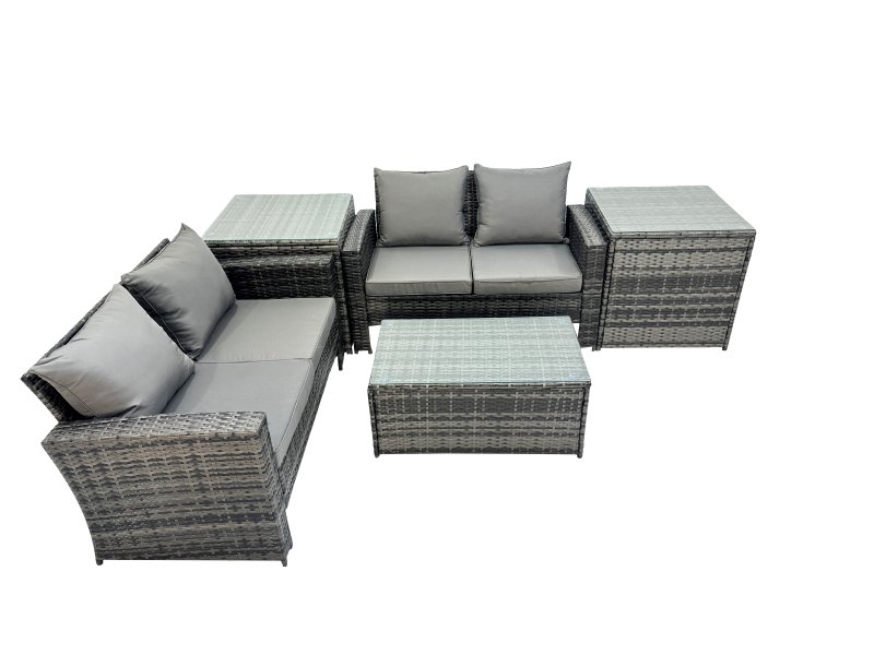 Fimous PE Rattan Garden Furniture Set Lounge Double Seat Sofa Coffee Table Set with 2 Side Tables Dark Grey MixedMixed