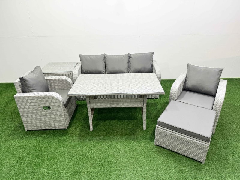 Fimous PE Rattan Garden Furniture Set Reclining Chair Sofa Lounge Sofa Set Rectangular Dining Table Side Table Big Footstool Light Grey