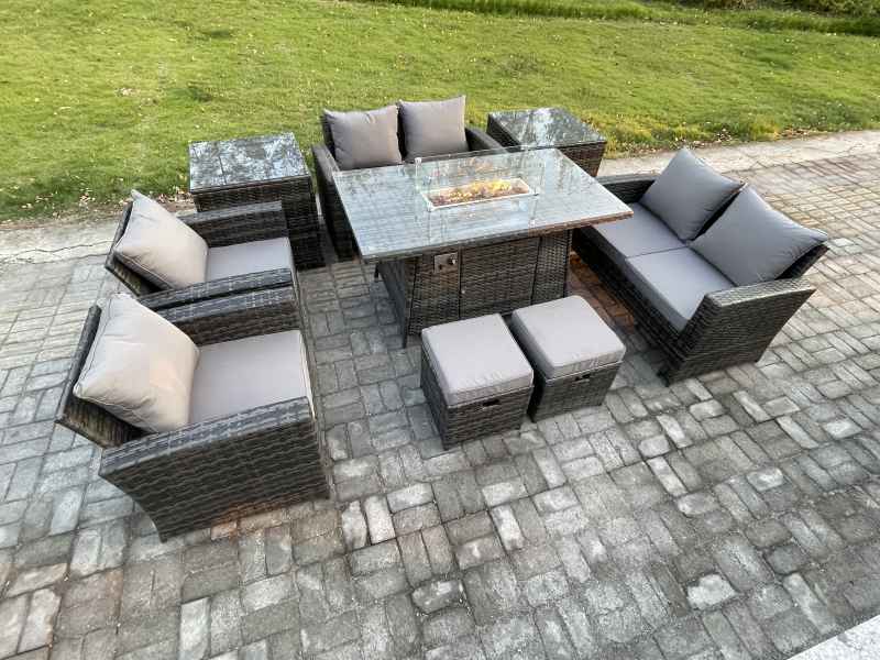 Fimous Outdoor Garden Furniture Sets 9 Pieces Wicker Rattan Furniture Gas Firepit Dining Table Sofa Set with 2 Small Footstools 2 Side Tables Dark Grey Mixed